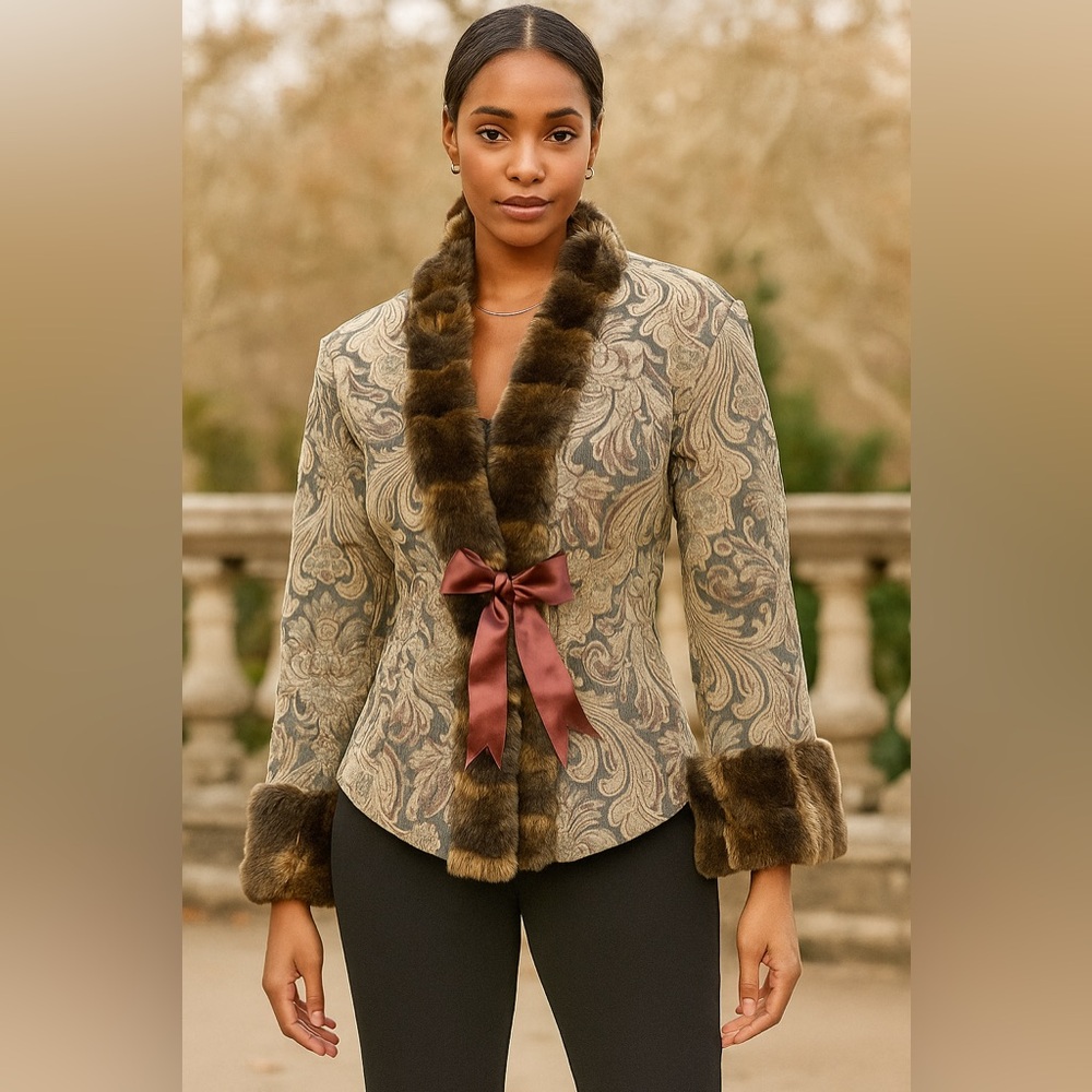 Vintage Tasha Polizzi Paisley Fur Trim Western Coat Jacket M Boho Western Style